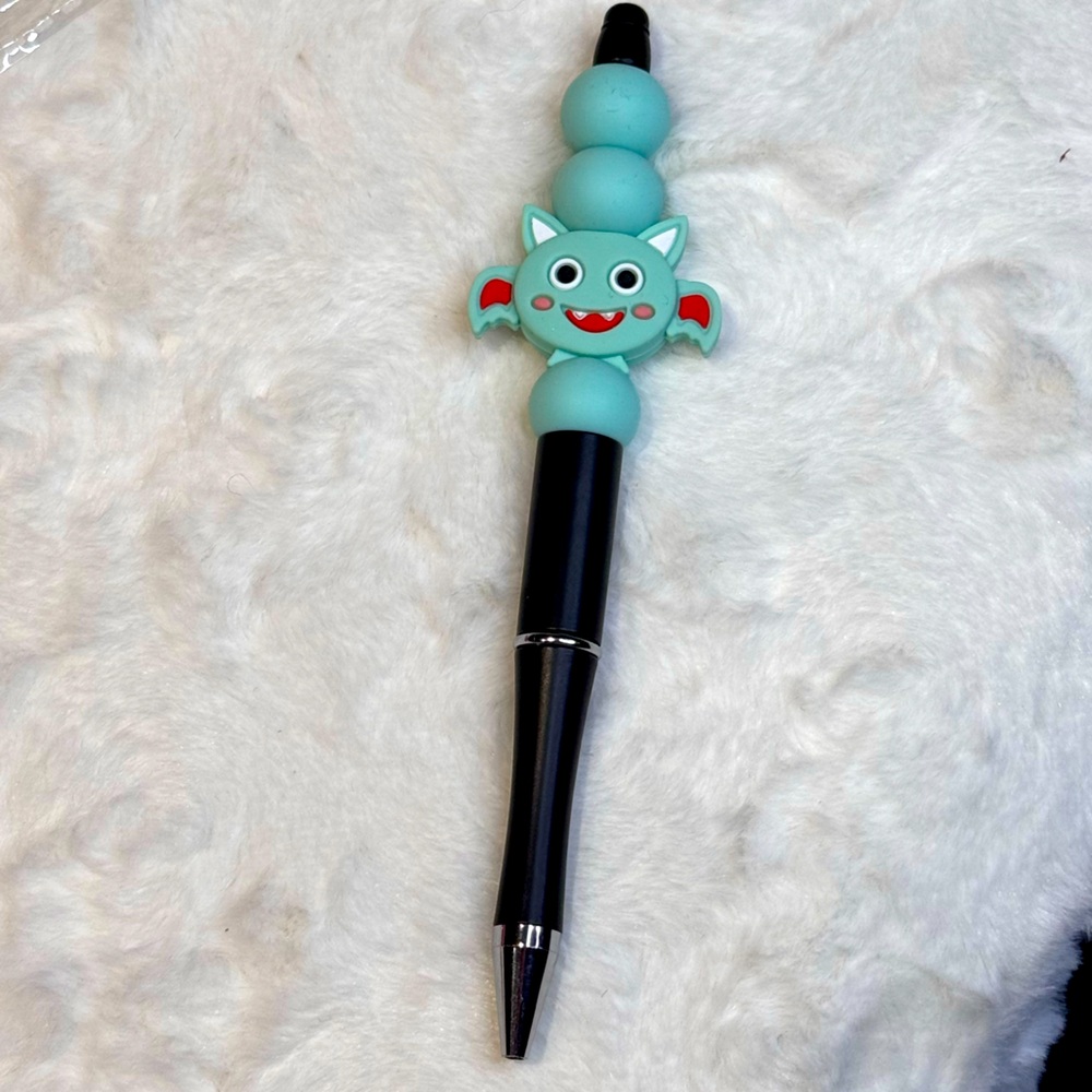 Aqua teal Blue @ black monster beaded Pen